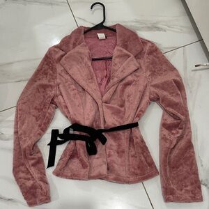 Y2k Women's Pink Faux Fur Jacket with Black Belt